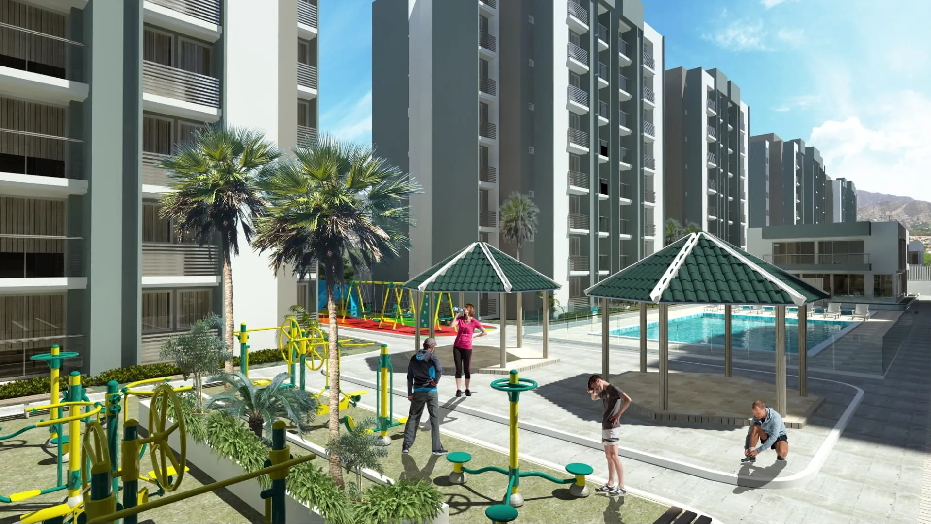 Tower facade with outdoor fitness park and kiosks – Venecia de la Sierra, Nueva Andrea Carolina area, Santa Marta