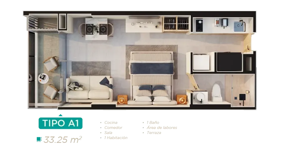 Rodadero Living Type A1 floor plan, 33,25 m²