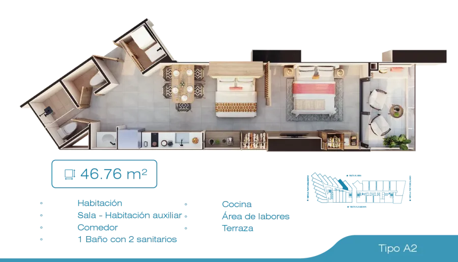 Porto Sabbia Suites Type A2 floor plan, 46,76 m²