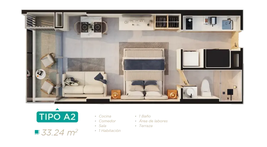Rodadero Living Type A2 floor plan, 33,24 m²