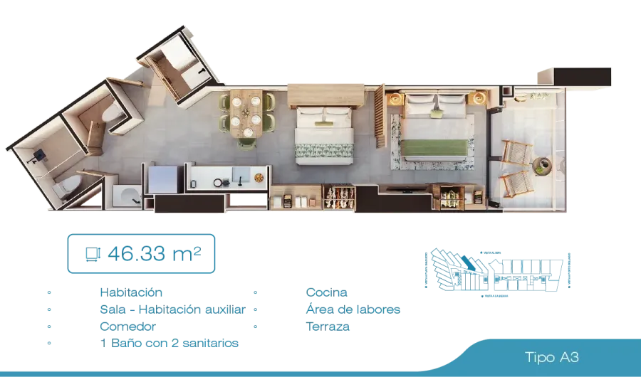 Porto Sabbia Suites Type A3 floor plan, 46,33 m²