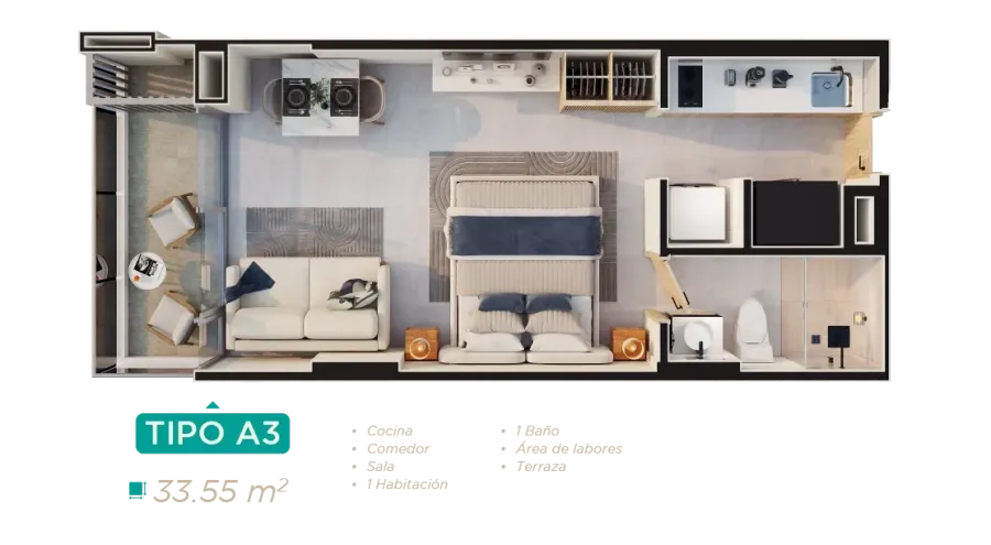 Rodadero Living Type A3 floor plan, 33,55 m²
