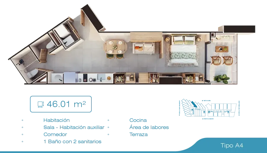 Porto Sabbia Suites Type A4 floor plan, 46,01 m²