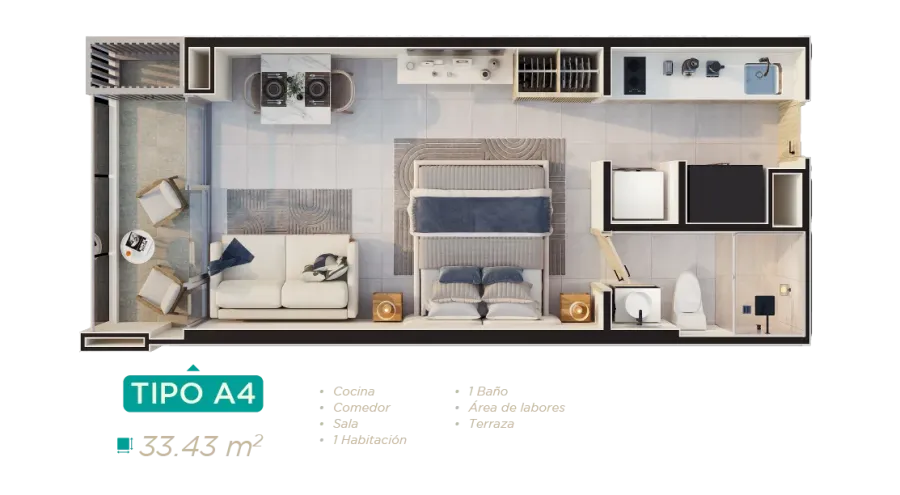 Rodadero Living Type A4 floor plan, 33,43 m²