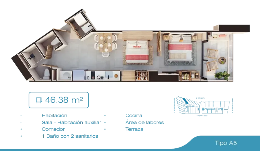 Porto Sabbia Suites Type A5 floor plan, 46,38 m²