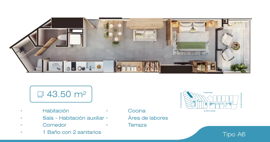 Porto Sabbia Suites Type A6 floor plan, 43,5 m²