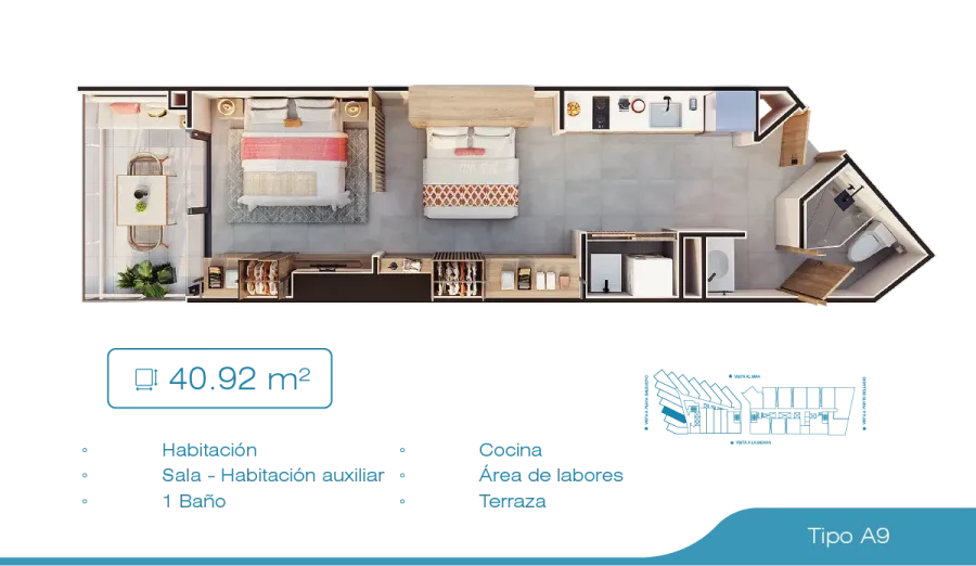 Porto Sabbia Suites Type A9 floor plan, 40,92 m²