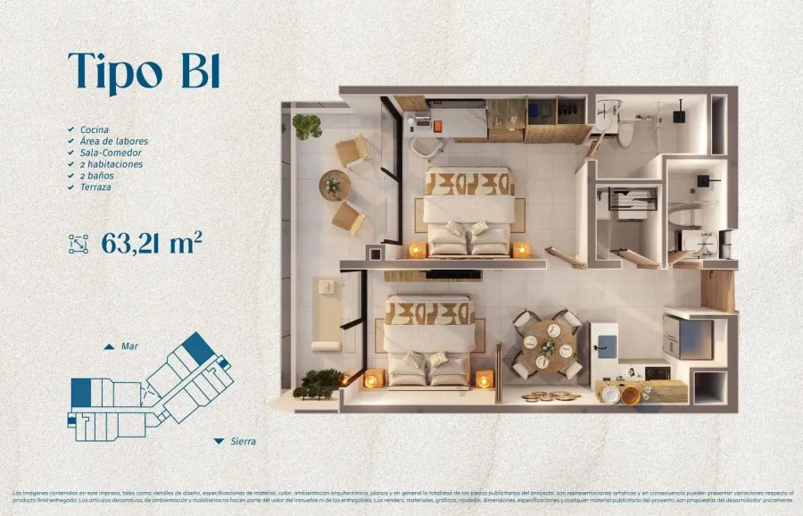 Marena Type B1 floor plan, 63,21 m²