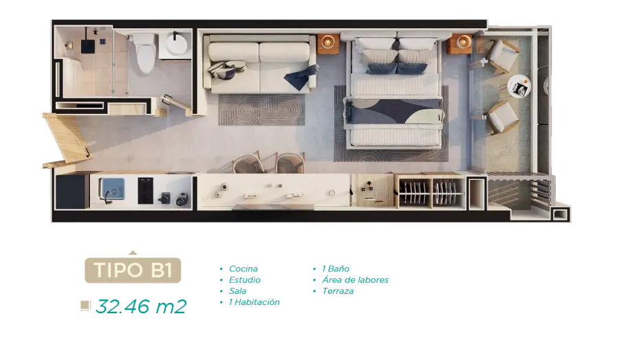 Rodadero Living Type B1 floor plan, 32,46 m²