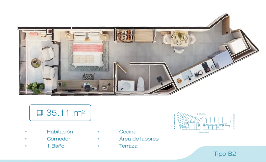 Porto Sabbia Suites Type B2 floor plan, 35,11 m²
