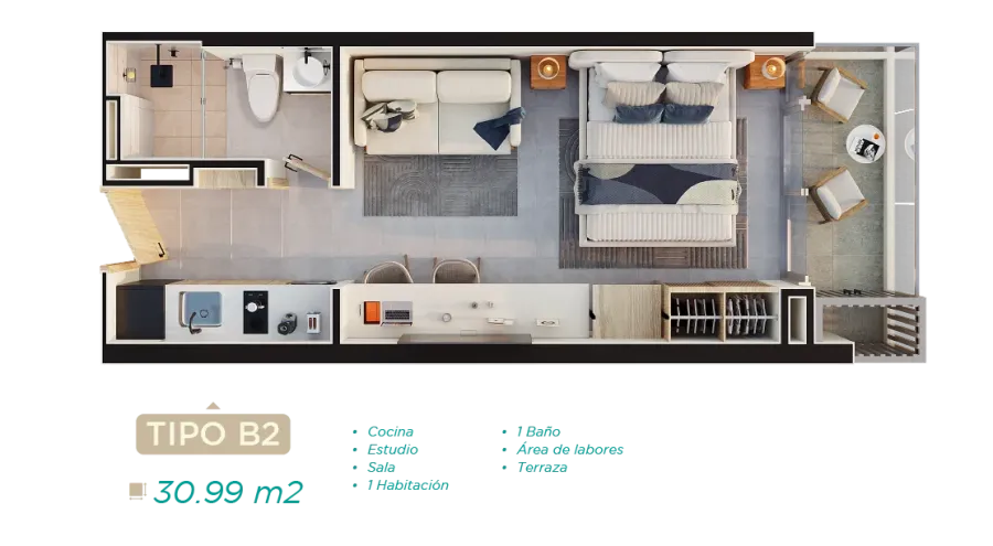 Rodadero Living Type B2 floor plan, 30,99 m²