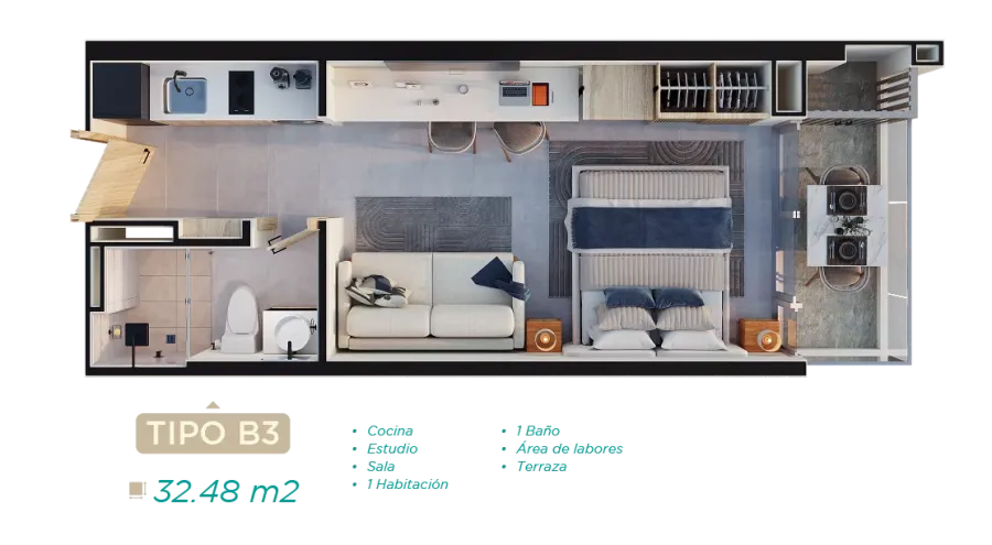 Rodadero Living Type B3 floor plan, 32,48 m²