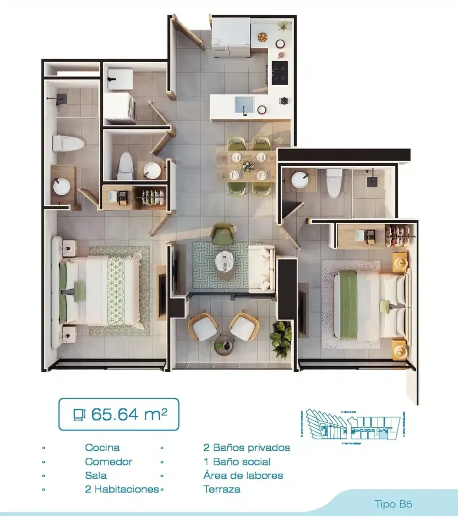 Porto Sabbia Residences Type B5 floor plan, 65,64 m²