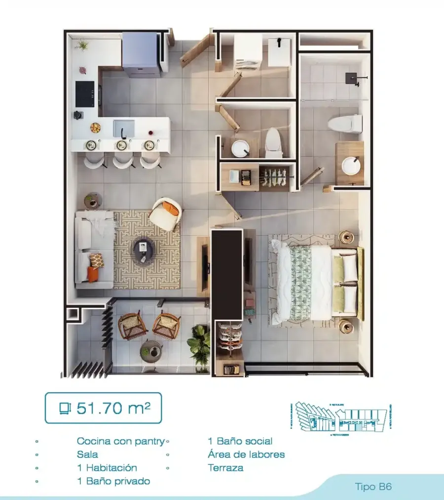 Porto Sabbia Residences Type B6 floor plan, 51,7 m²