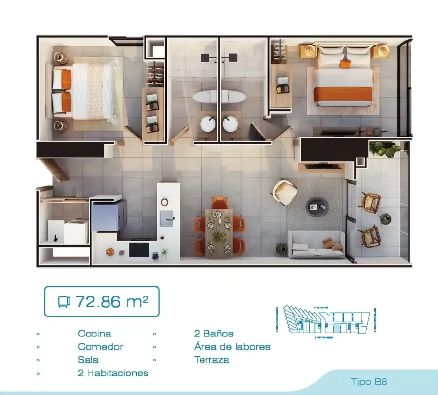 Porto Sabbia Residences Type B8 floor plan, 72,86 m²