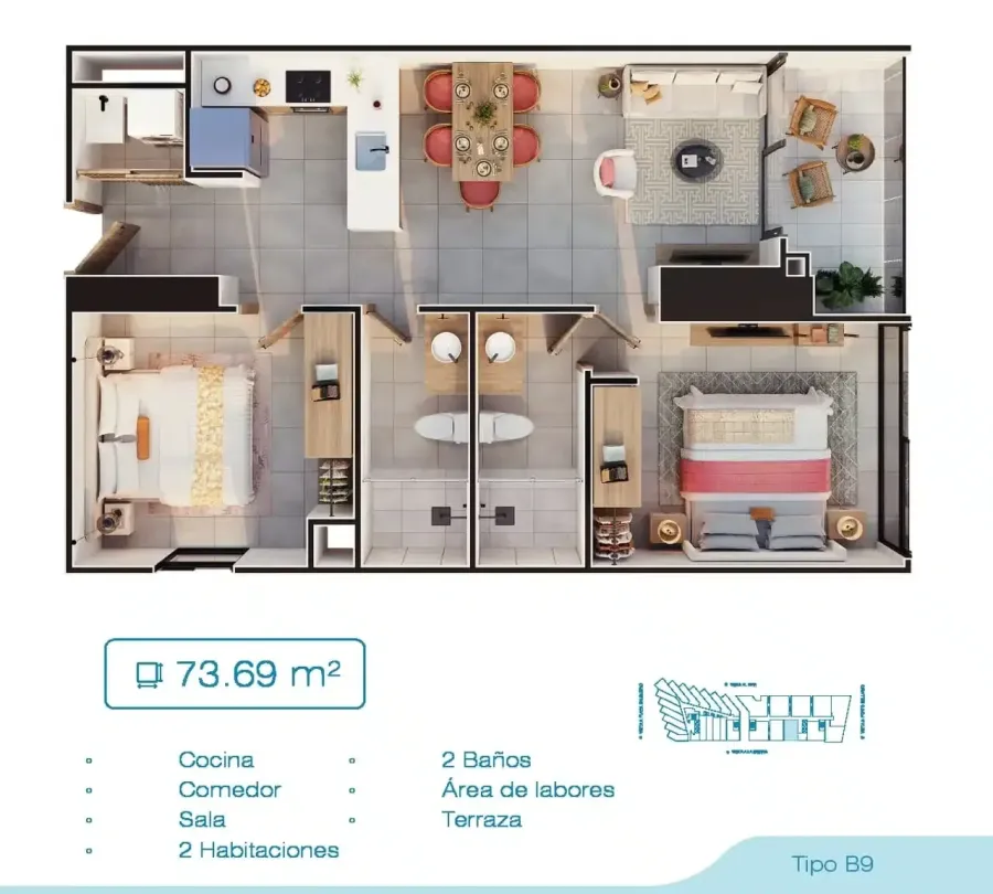 Porto Sabbia Residences Type B9 floor plan, 73,69 m²