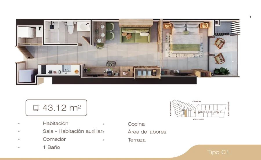 Porto Sabbia Suites Type C1 floor plan, 43,12 m²