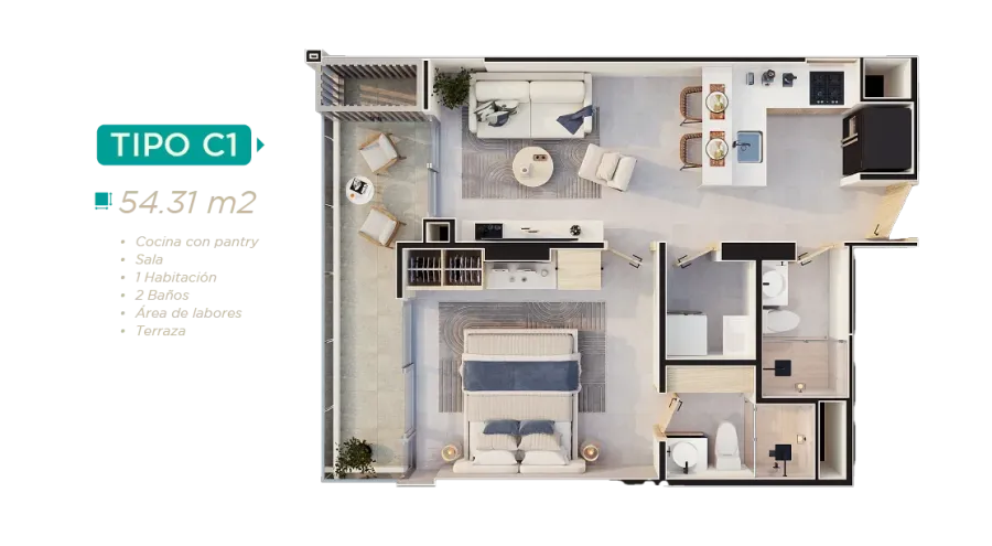 Rodadero Living Type C1 floor plan, 54,32 m²
