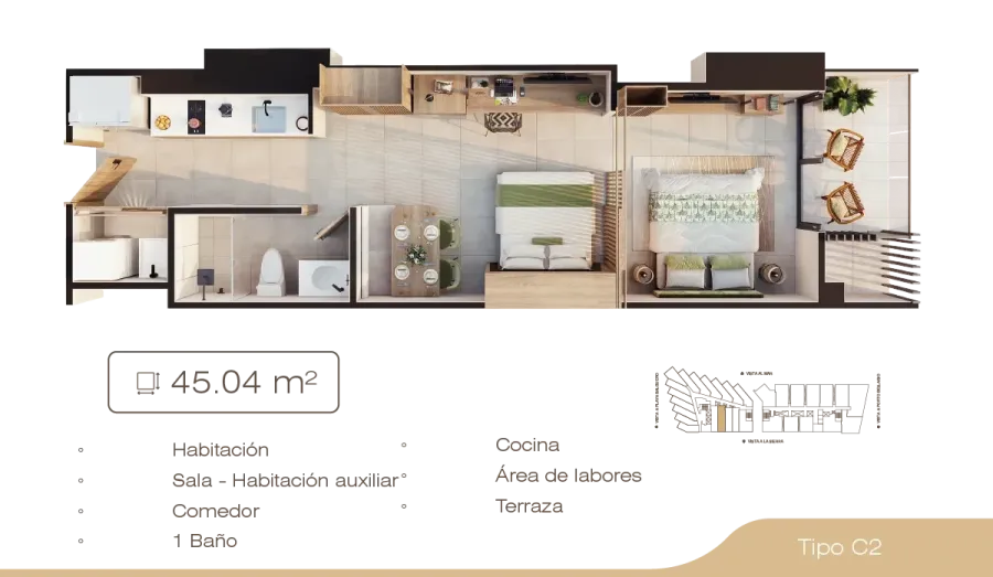 Porto Sabbia Suites Type C2 floor plan, 45,04 m²