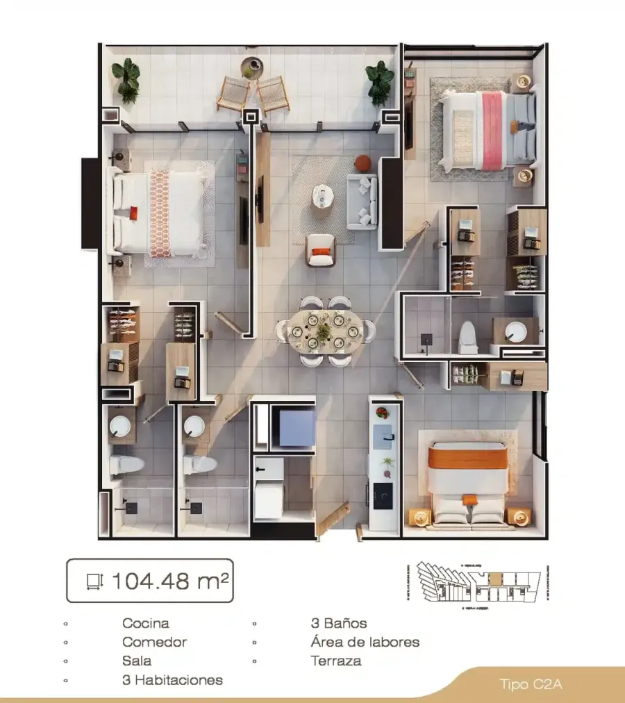 Porto Sabbia Residences Type C2A floor plan, 104,48 m²