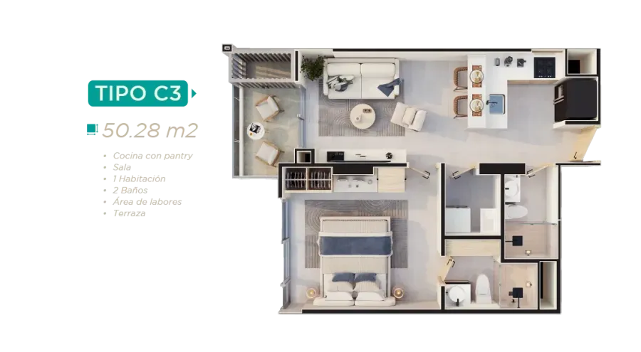 Rodadero Living Type C3 floor plan, 50,28 m²