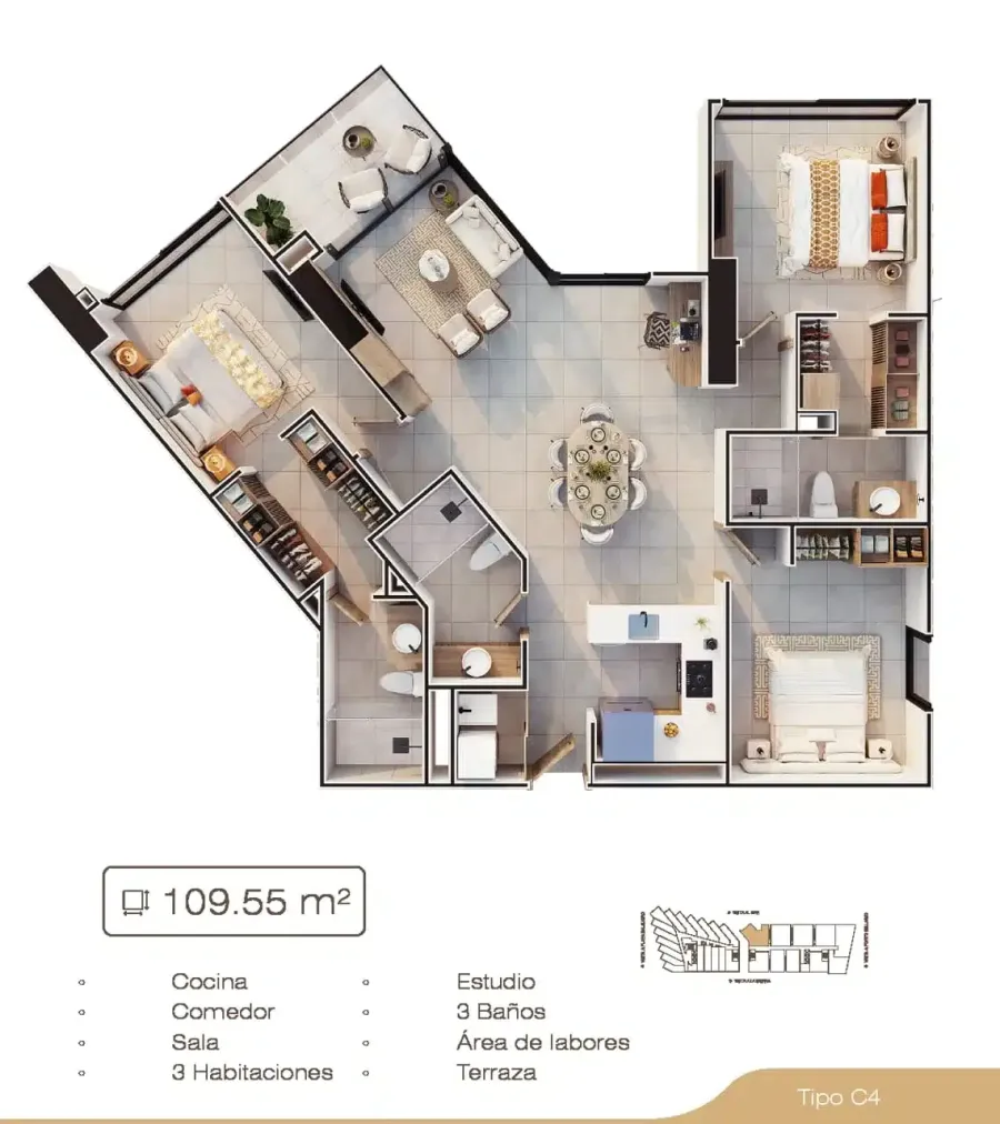 Porto Sabbia Residences Type C4 floor plan, 109,55 m²