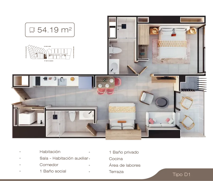 Porto Sabbia Suites Type D1 floor plan, 54,19 m²