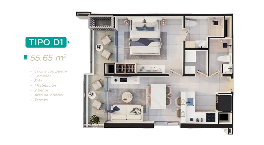 Rodadero Living Type D1 floor plan, 55,65 m²