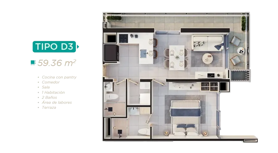 Rodadero Living Type D3 floor plan, 59,36 m²