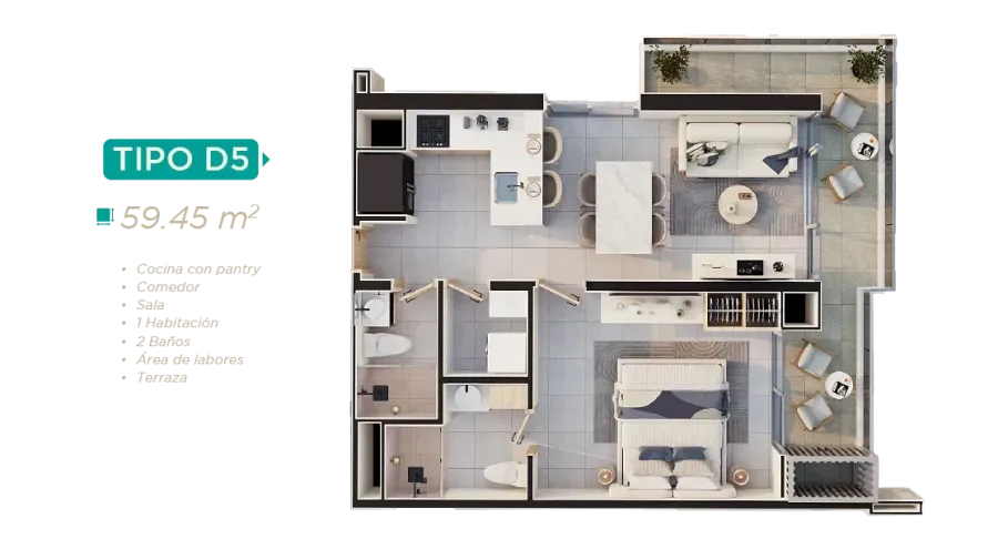 Rodadero Living Type D5 floor plan, 59,45 m²