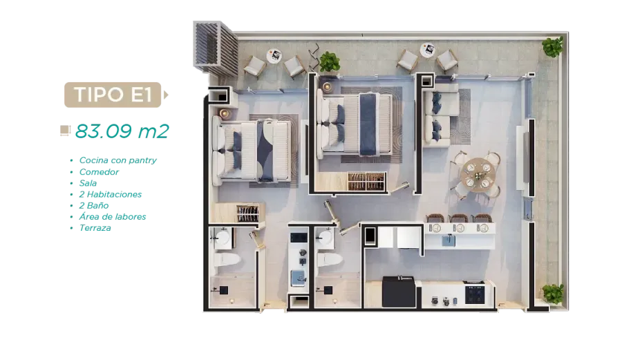 Rodadero Living Type E1 floor plan, 83,09 m²