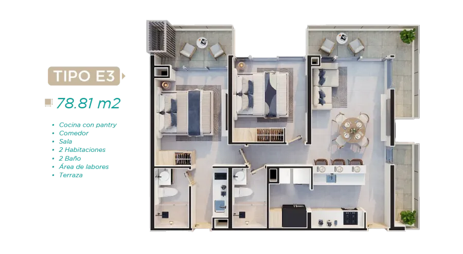 Rodadero Living Type E3 floor plan, 78,81 m²