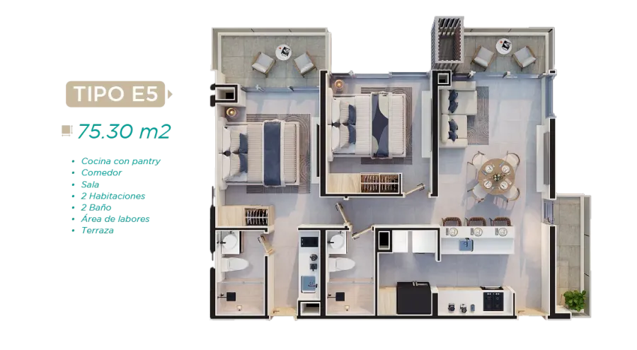 Rodadero Living Type E5 floor plan, 75,3 m²