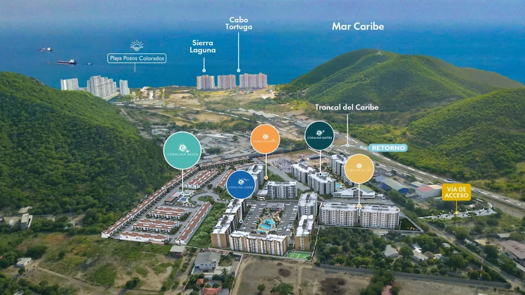 Aerial view of the Coralina Bahía location in Between Pozos Colorados and Playa Salguero, Santa Marta