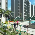Kiosks and green areas between the towers – Venecia de la Sierra, Nueva Andrea Carolina area, Santa Marta